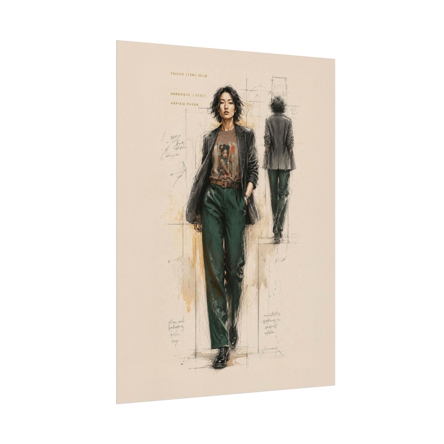 Fashion illustration of a person wearing a jacket and green pants on a beige background