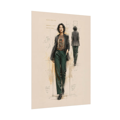 Fashion illustration of a person wearing a jacket and green pants on a beige background