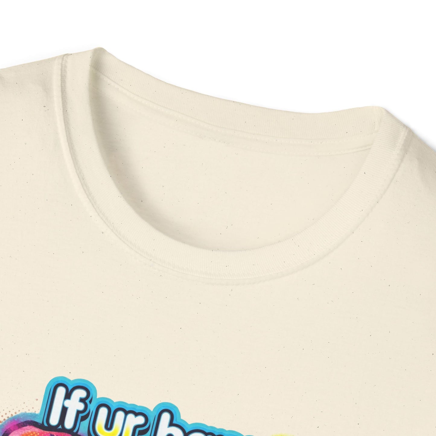 Beige t-shirt with colorful text design on a white background