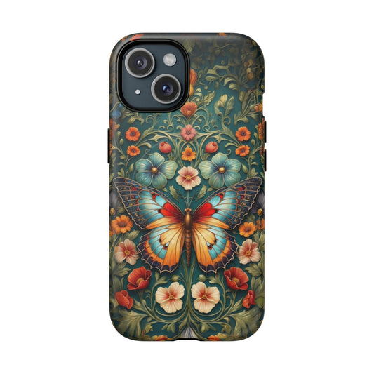 Phone case with a colorful butterfly and floral design on a white background