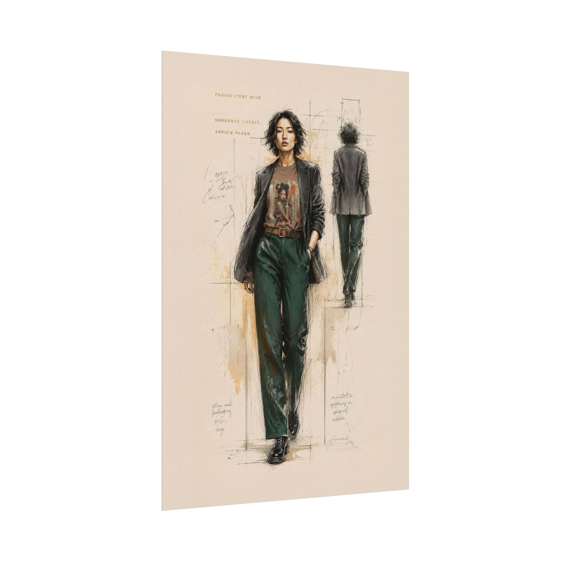 Fashion illustration of a person wearing a jacket and pants on a beige background with technical drawings.
