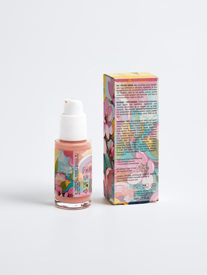 Bottle and box with colorful design on a white background