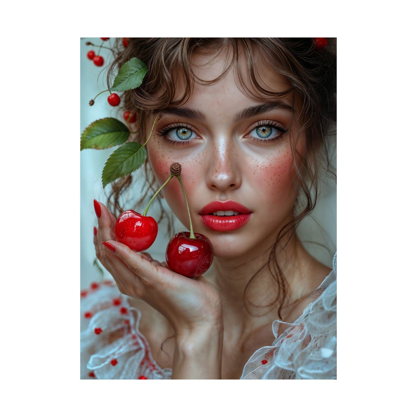 Artistic Satin Poster Print: Young Woman Holding Cherries