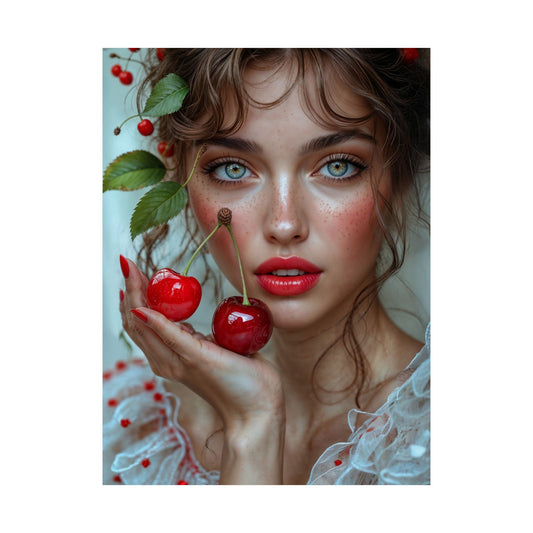 Artistic Satin Poster Print: Young Woman Holding Cherries