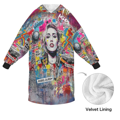 Colorful hoodie with graphic design and 'Rebel Queen' text, showing velvet lining.