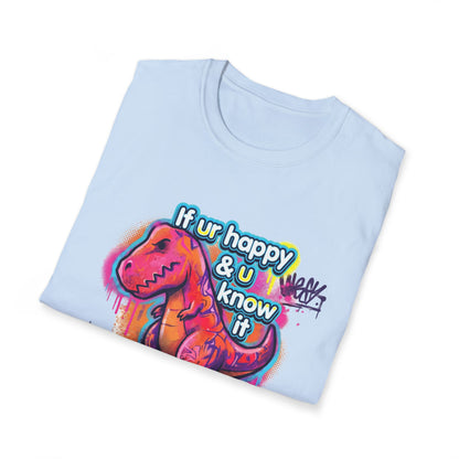 Light blue t-shirt with a colorful dinosaur graphic and text on a white background