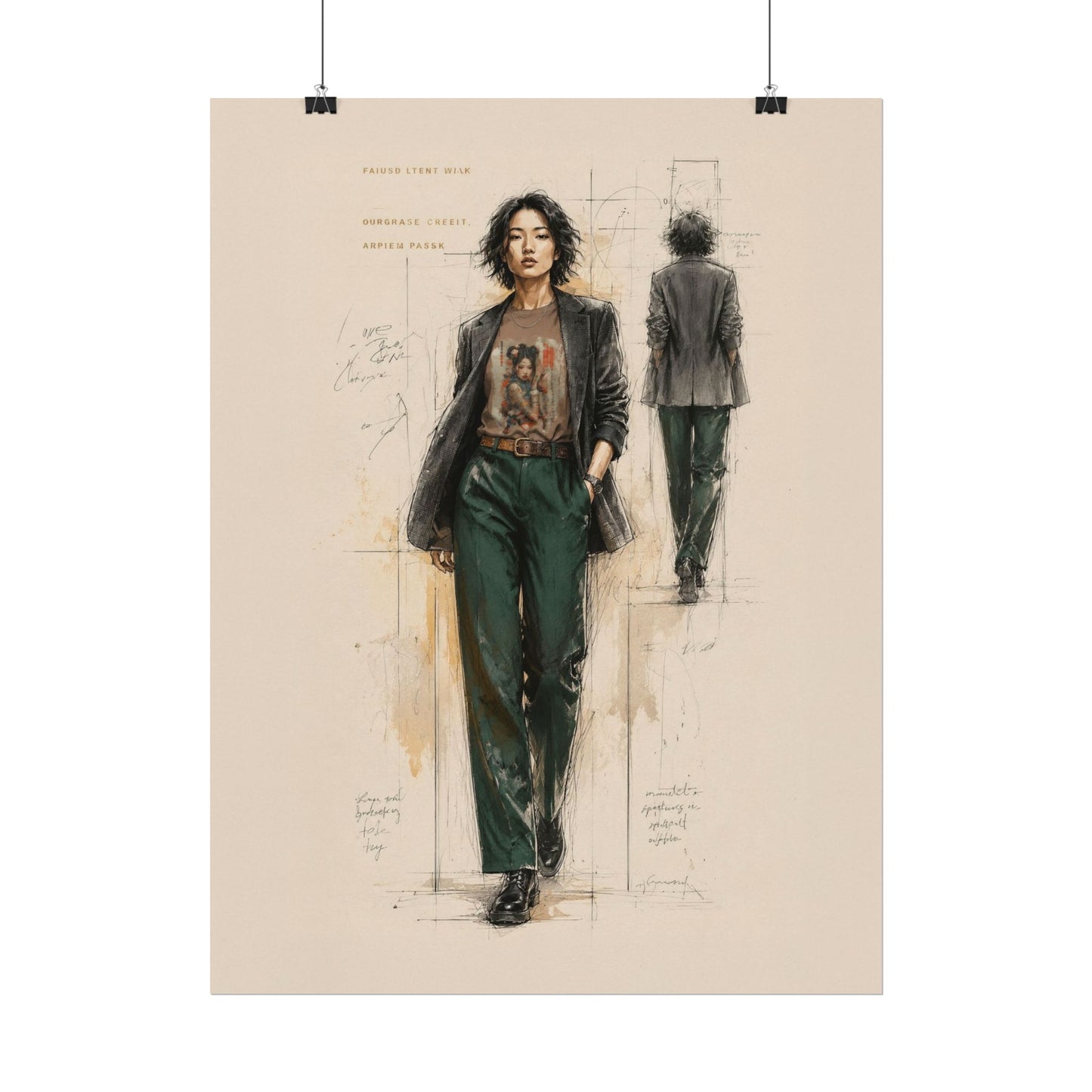 Illustration of a person wearing a jacket and green pants on a beige background
