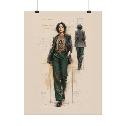 Illustration of a person wearing a jacket and green pants on a beige background