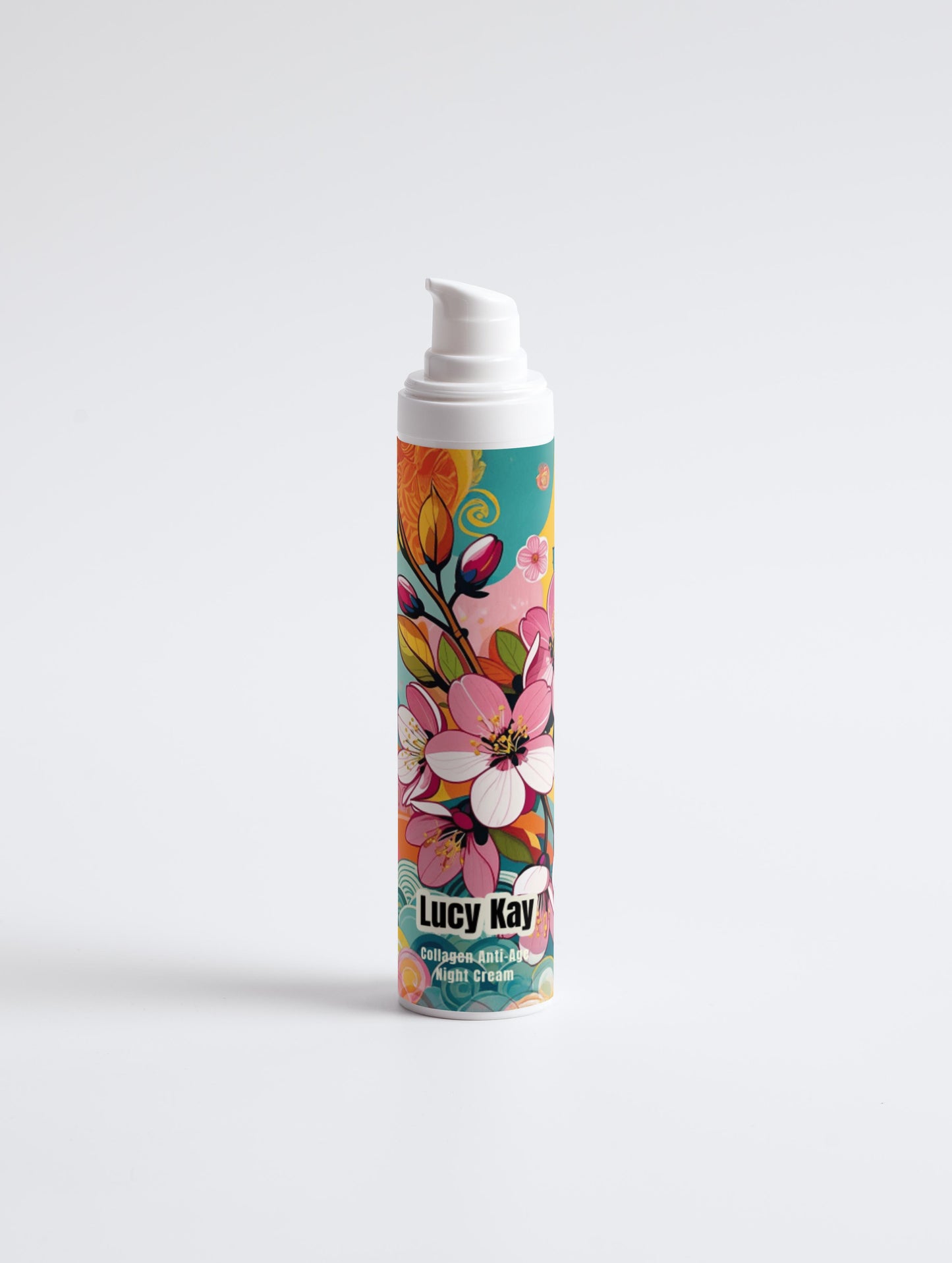 Cosmetic foam container with colorful floral design and 'Lucy Kay' branding on a white background