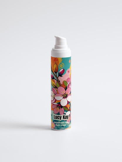 Cosmetic foam container with colorful floral design and 'Lucy Kay' branding on a white background