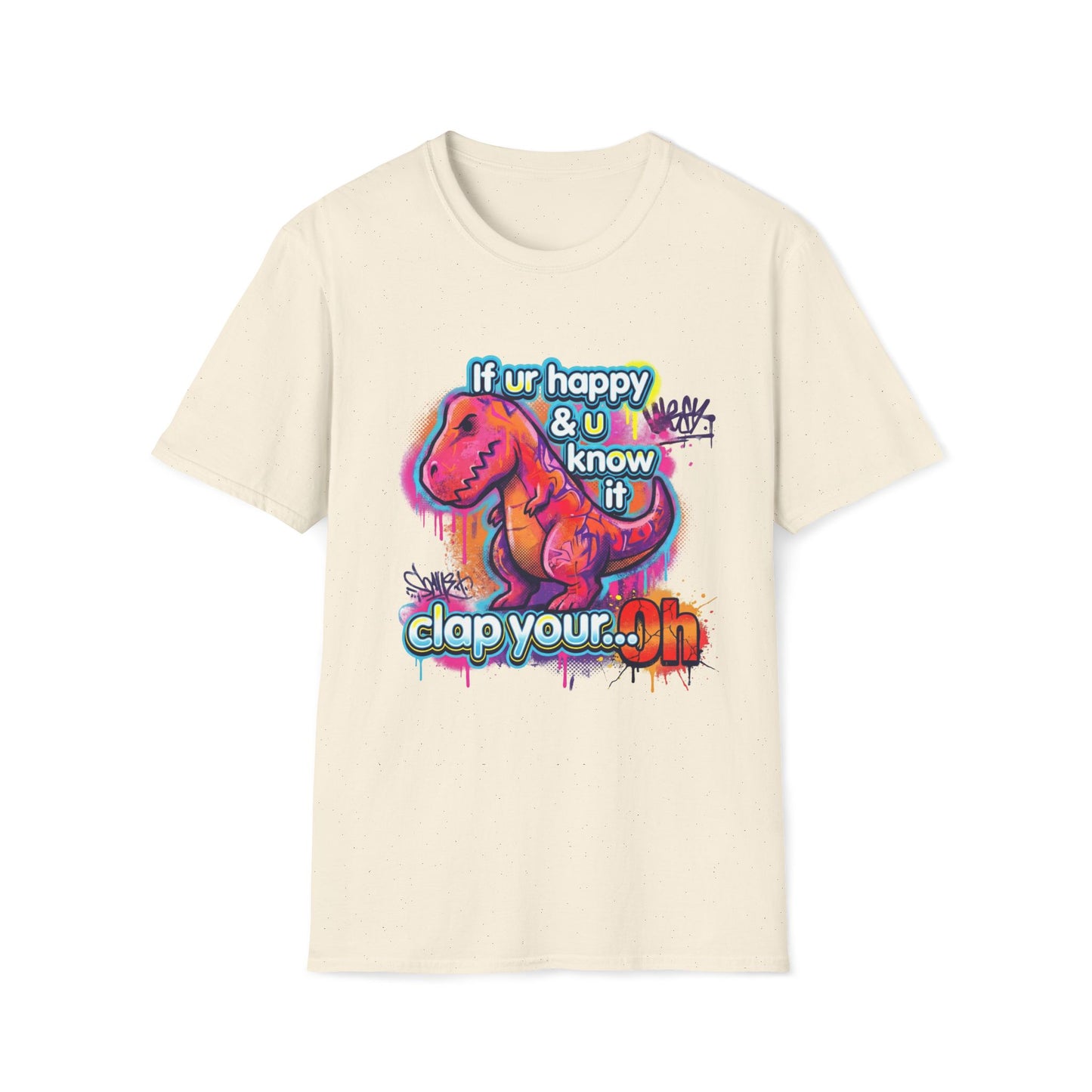 Beige t-shirt with colorful dinosaur graphic and text on a white background