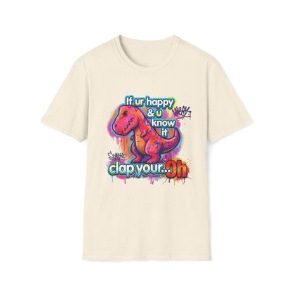 Beige t-shirt with colorful dinosaur graphic and text on a white background