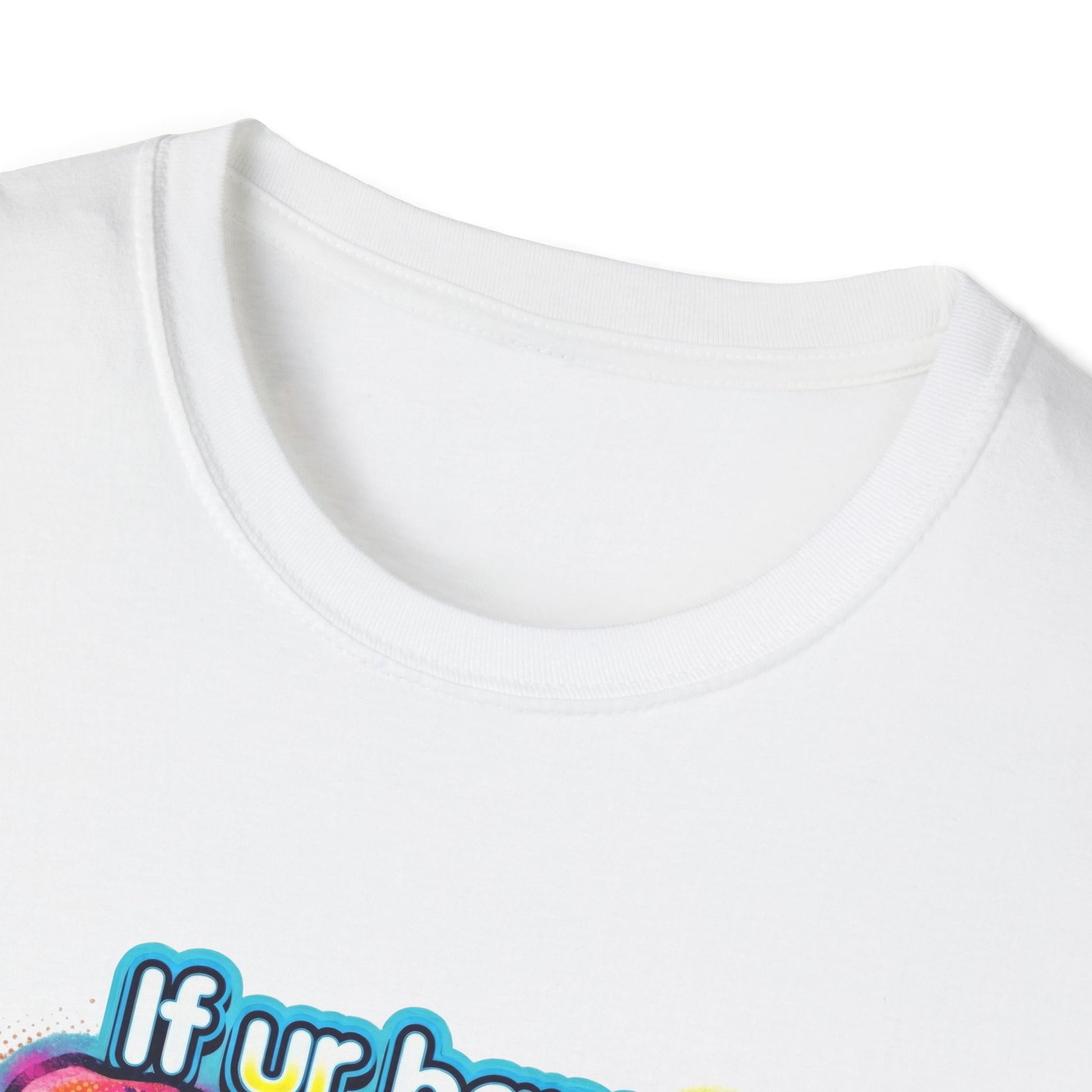 White t-shirt with colorful text design on a white background