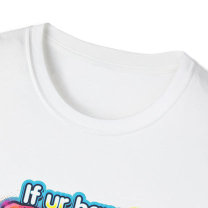 White t-shirt with colorful text design on a white background