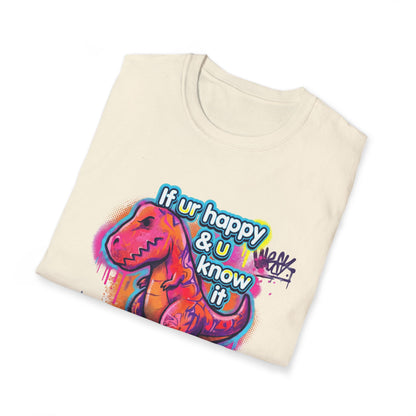 Folded t-shirt with a colorful dinosaur graphic and text on a white background