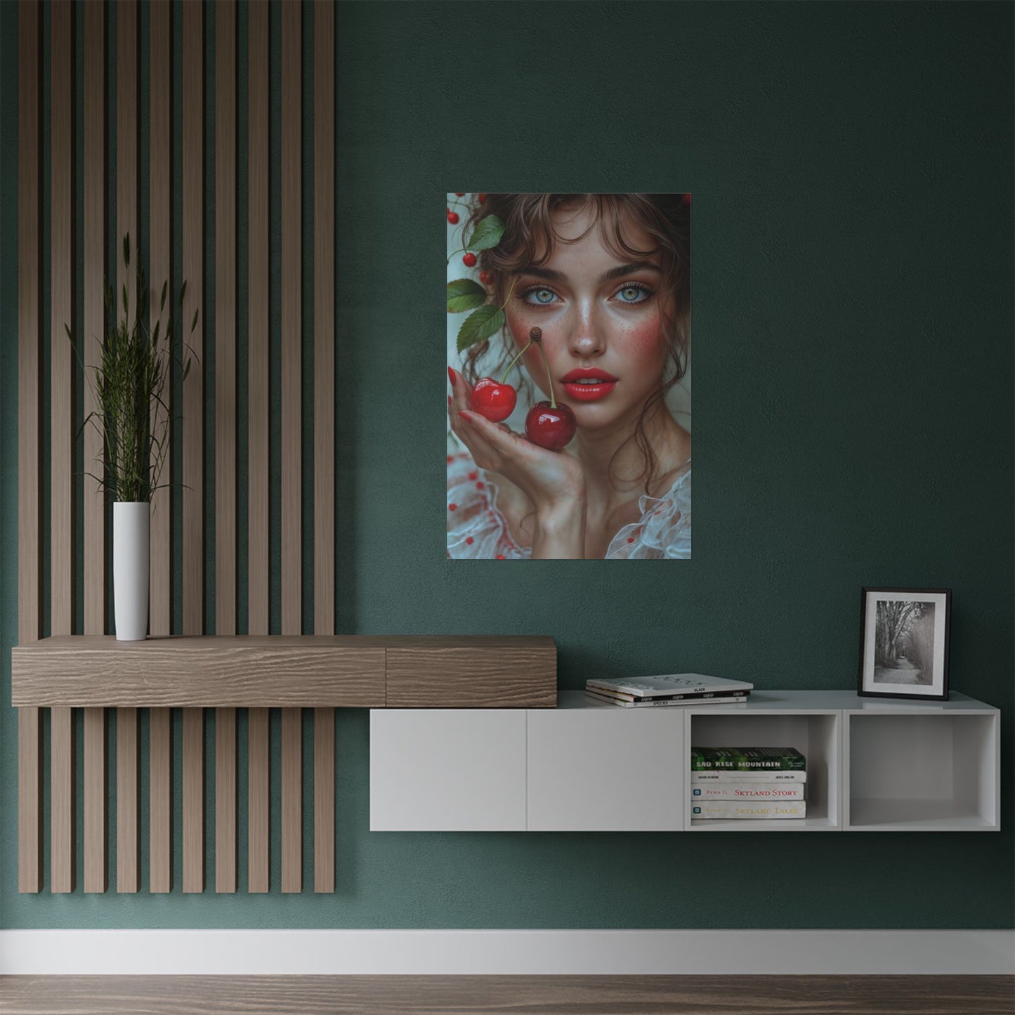 Artistic Satin Poster Print: Young Woman Holding Cherries