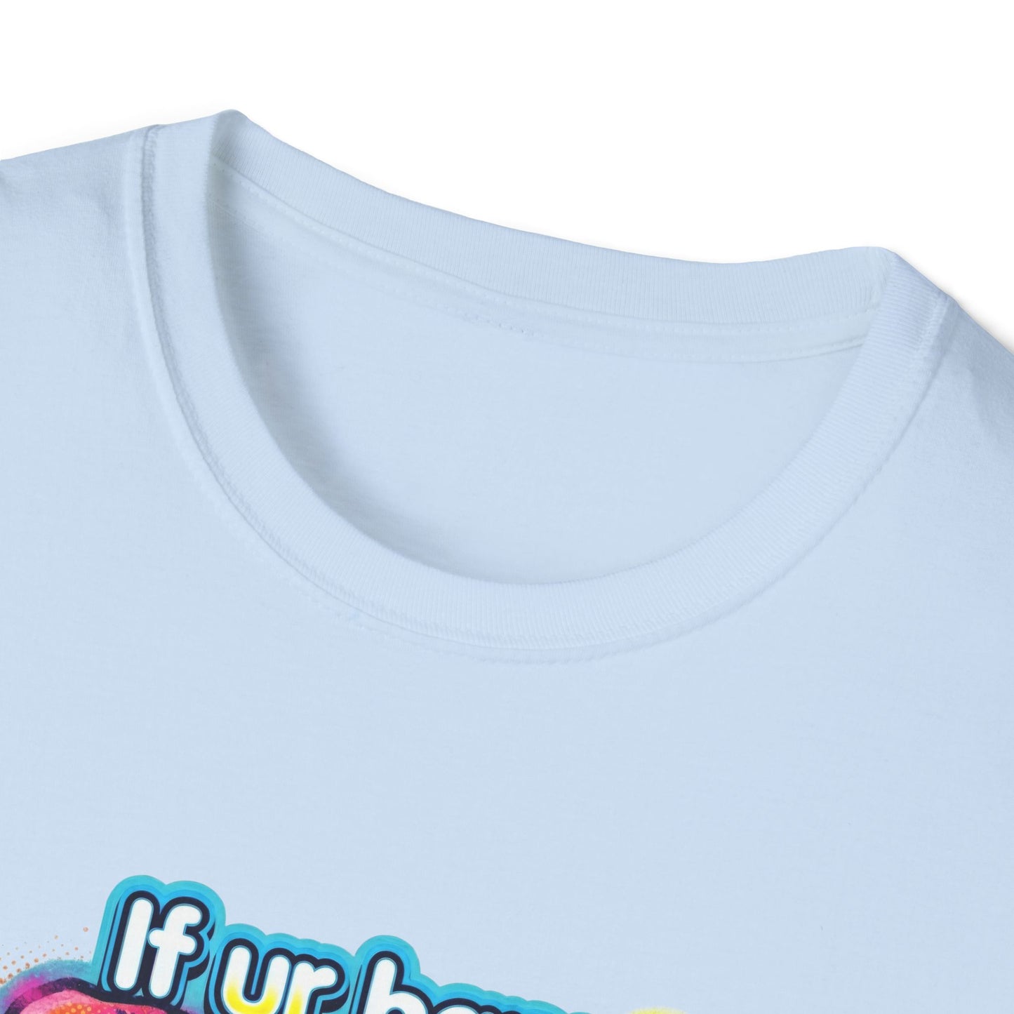 Light blue t-shirt with colorful text design on a white background