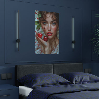 Artistic Satin Poster Print: Young Woman Holding Cherries