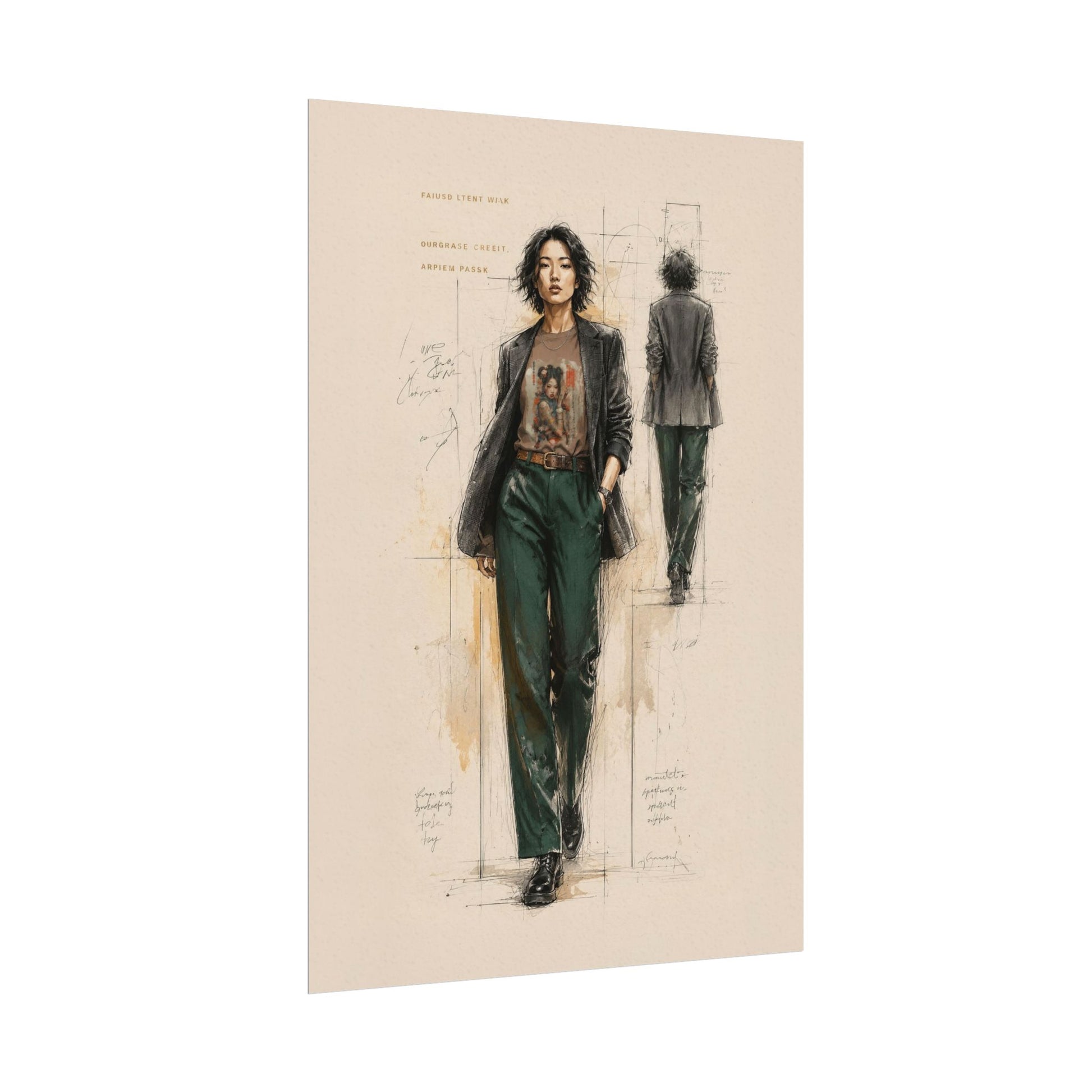 Illustration of a person wearing a jacket and green pants on a beige background with technical drawing elements.