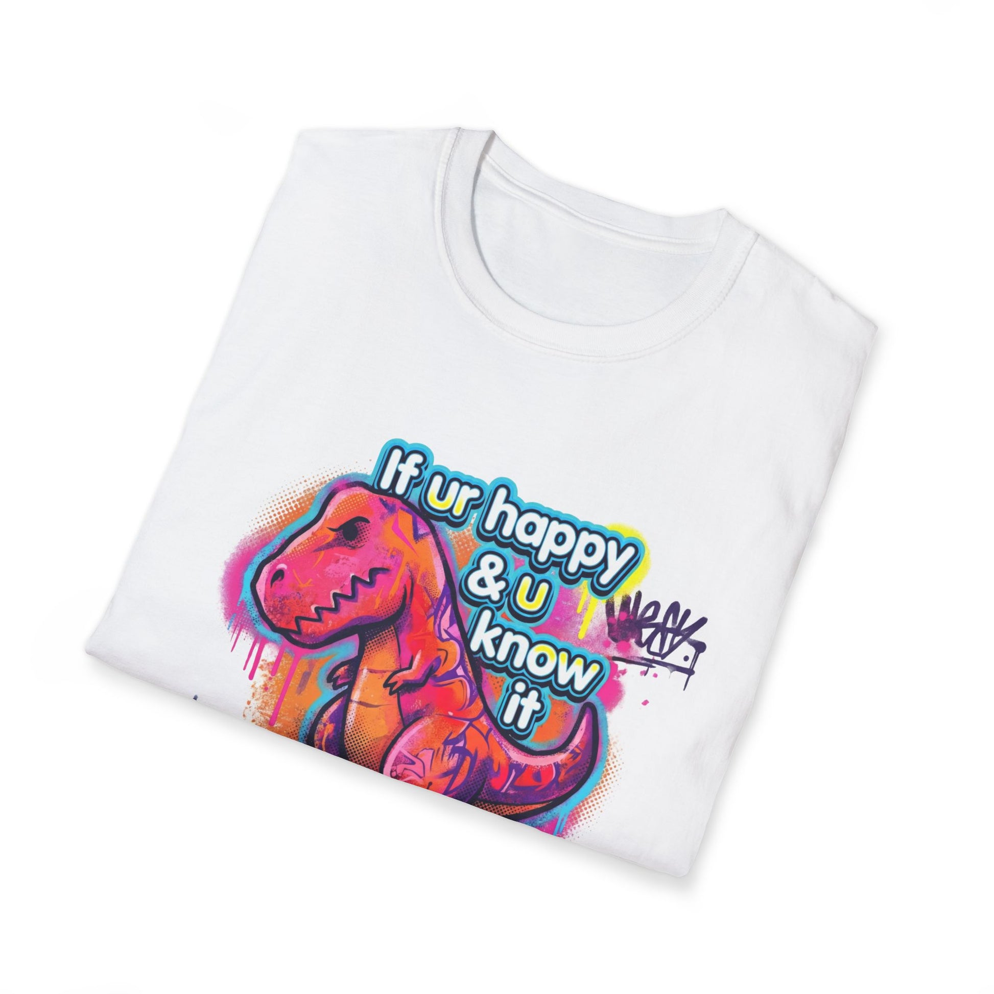 White t-shirt with colorful dinosaur graphic and text on a white background