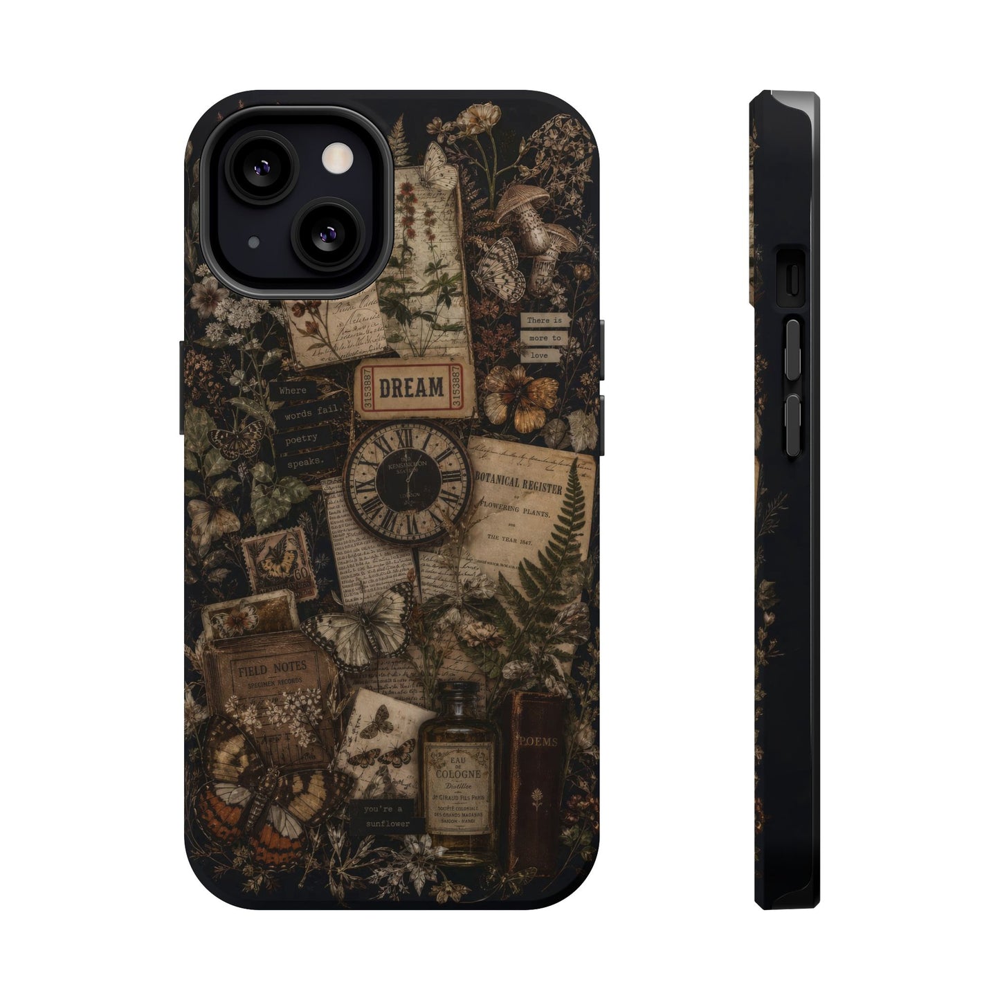 Phone case with vintage-style design featuring nature elements and text on a dark background