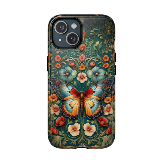 Phone case with a colorful butterfly and floral design on a dark background