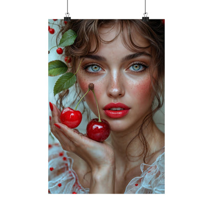 Artistic Satin Poster Print: Young Woman Holding Cherries
