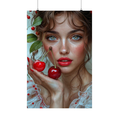 Artistic Satin Poster Print: Young Woman Holding Cherries