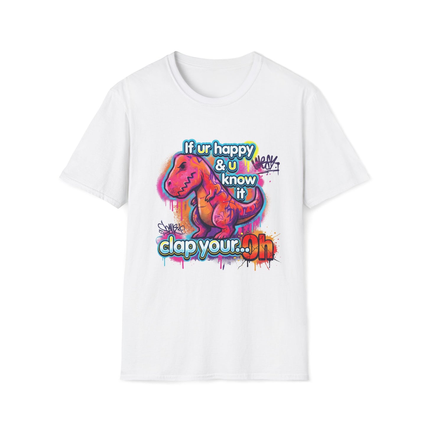 White t-shirt with colorful dinosaur graphic and text on a white background