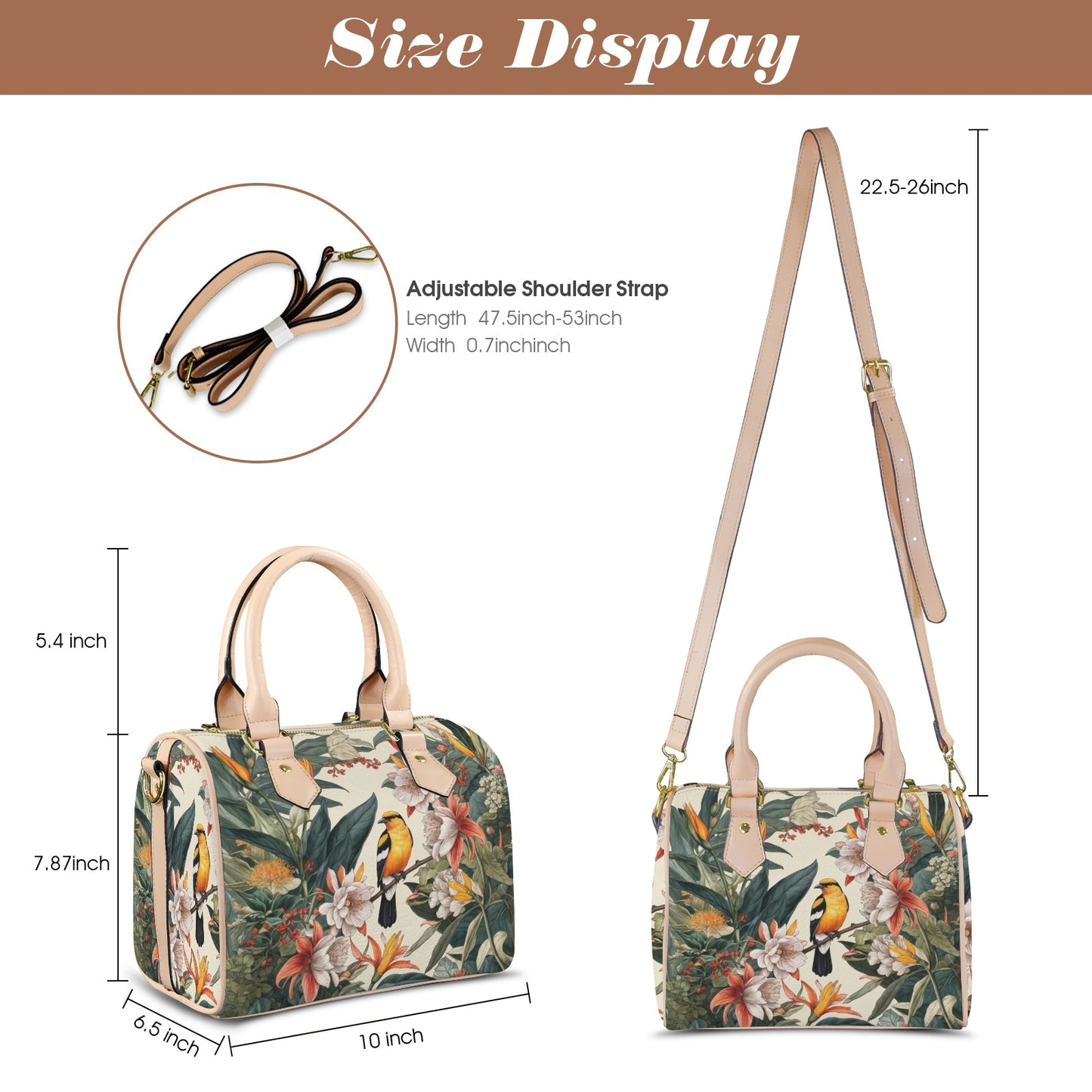 Floral-patterned handbag with adjustable shoulder strap and measurements on a white background