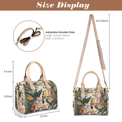 Floral-patterned handbag with adjustable shoulder strap and measurements on a white background