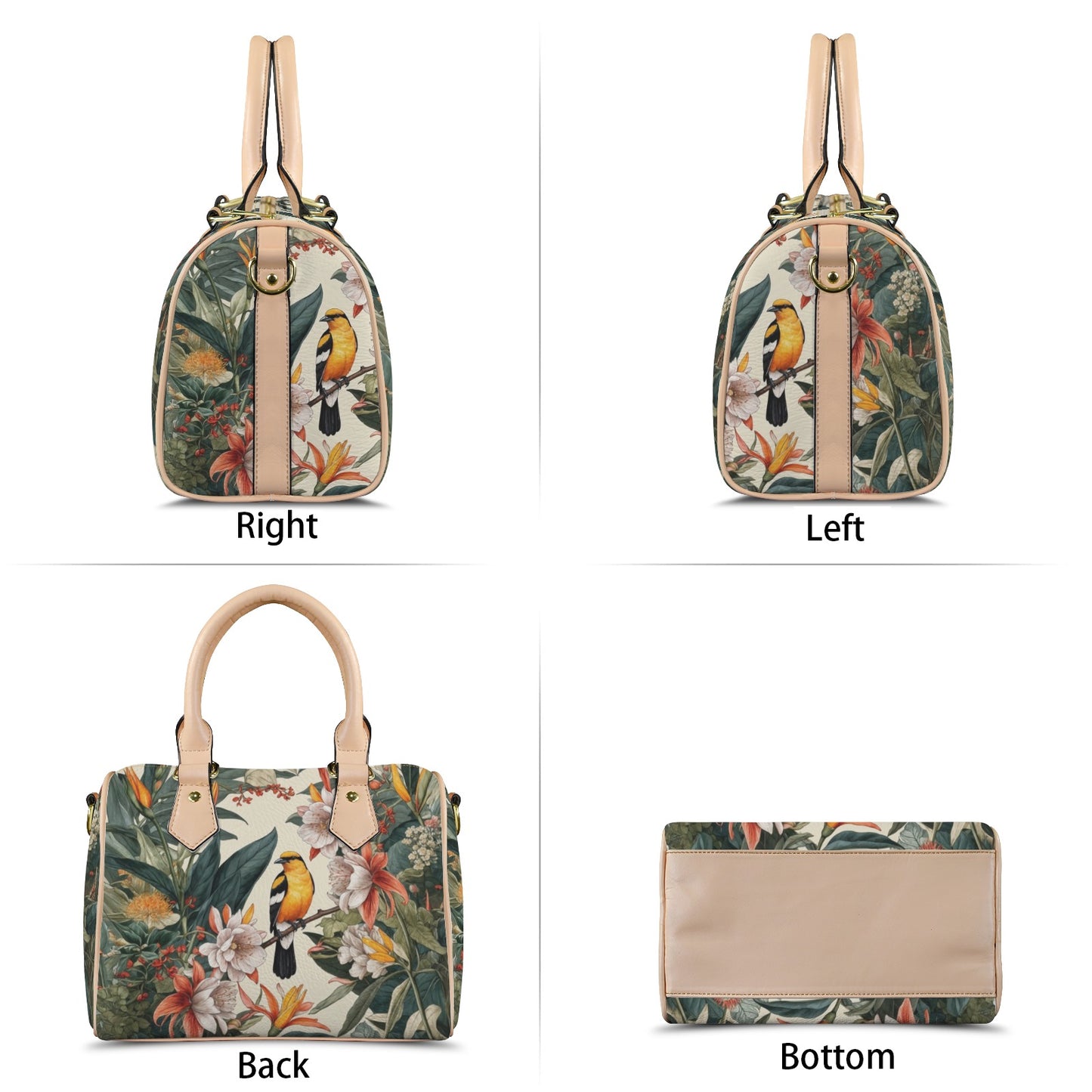 Handbag with floral and bird design shown from different angles on a white background
