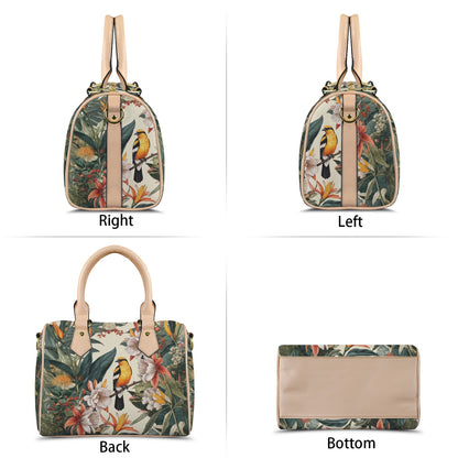 Handbag with floral and bird design shown from different angles on a white background