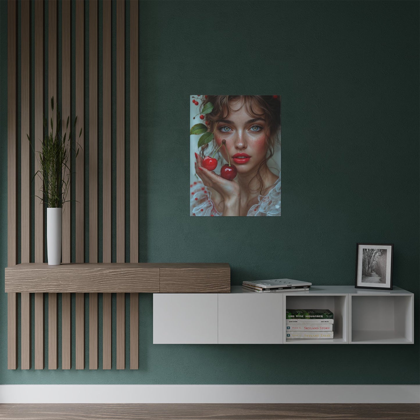 Artistic Satin Poster Print: Young Woman Holding Cherries