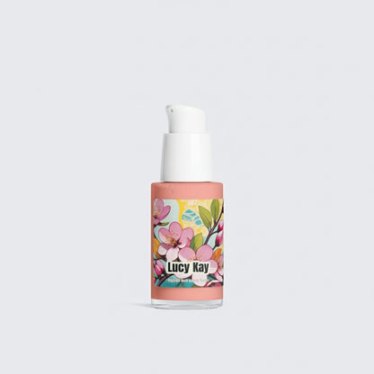 Skincare bottle with floral label on a light gray background