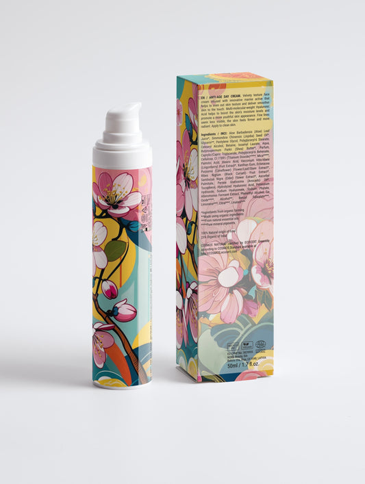 Floral-themed spray bottle and packaging on a light gray background