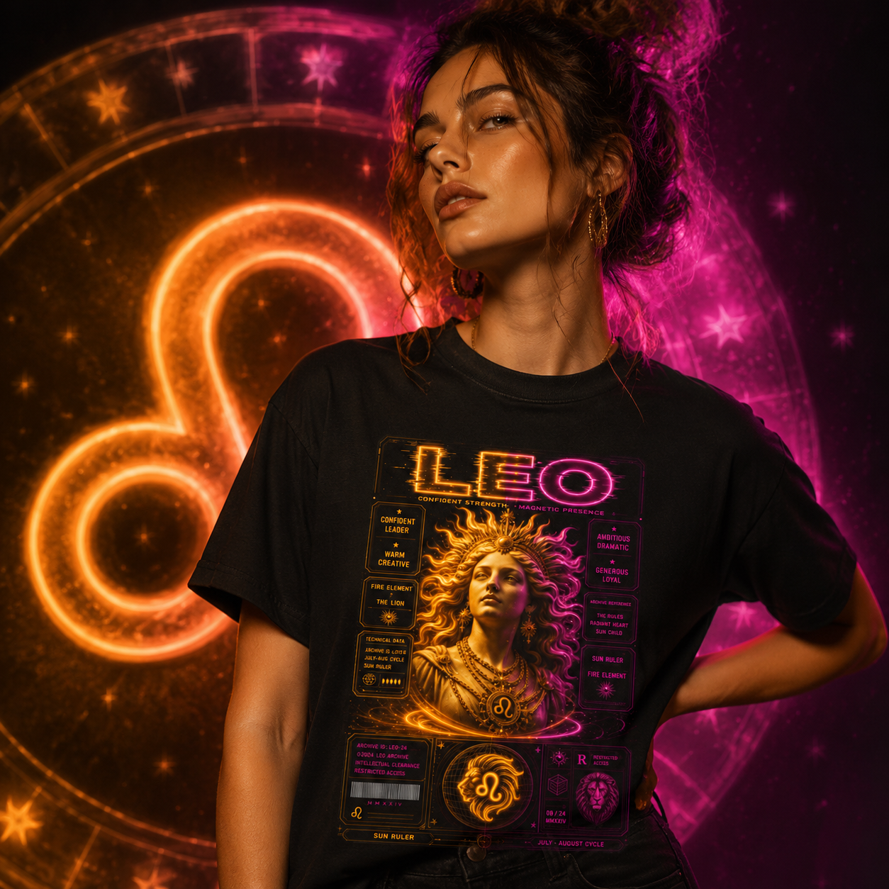 Leo Zodiac Graphic Tee – Neon Astrology Shirt, Leo Birthday Gift
