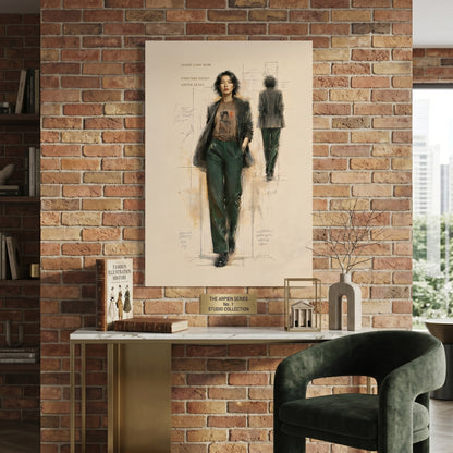 Brick wall with a large poster of a woman in a stylish outfit, a table with decorative items, and a chair.