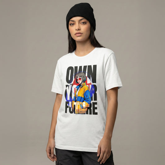 Person wearing a white t-shirt with a graphic design and text on a plain background