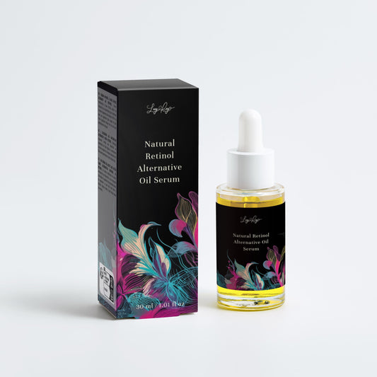 Oil serum bottle with colorful packaging and a box on a white background