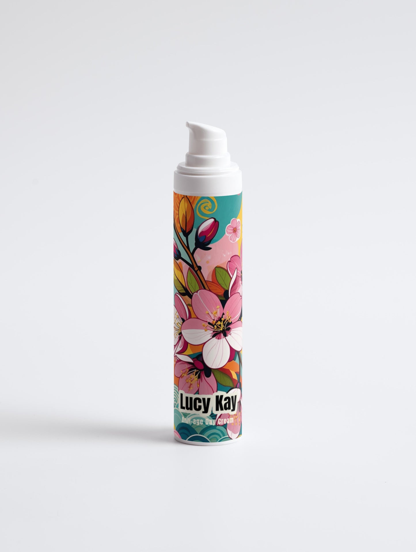 Cosmetic foam container with colorful floral design and 'Lucy Kay' branding on a white background