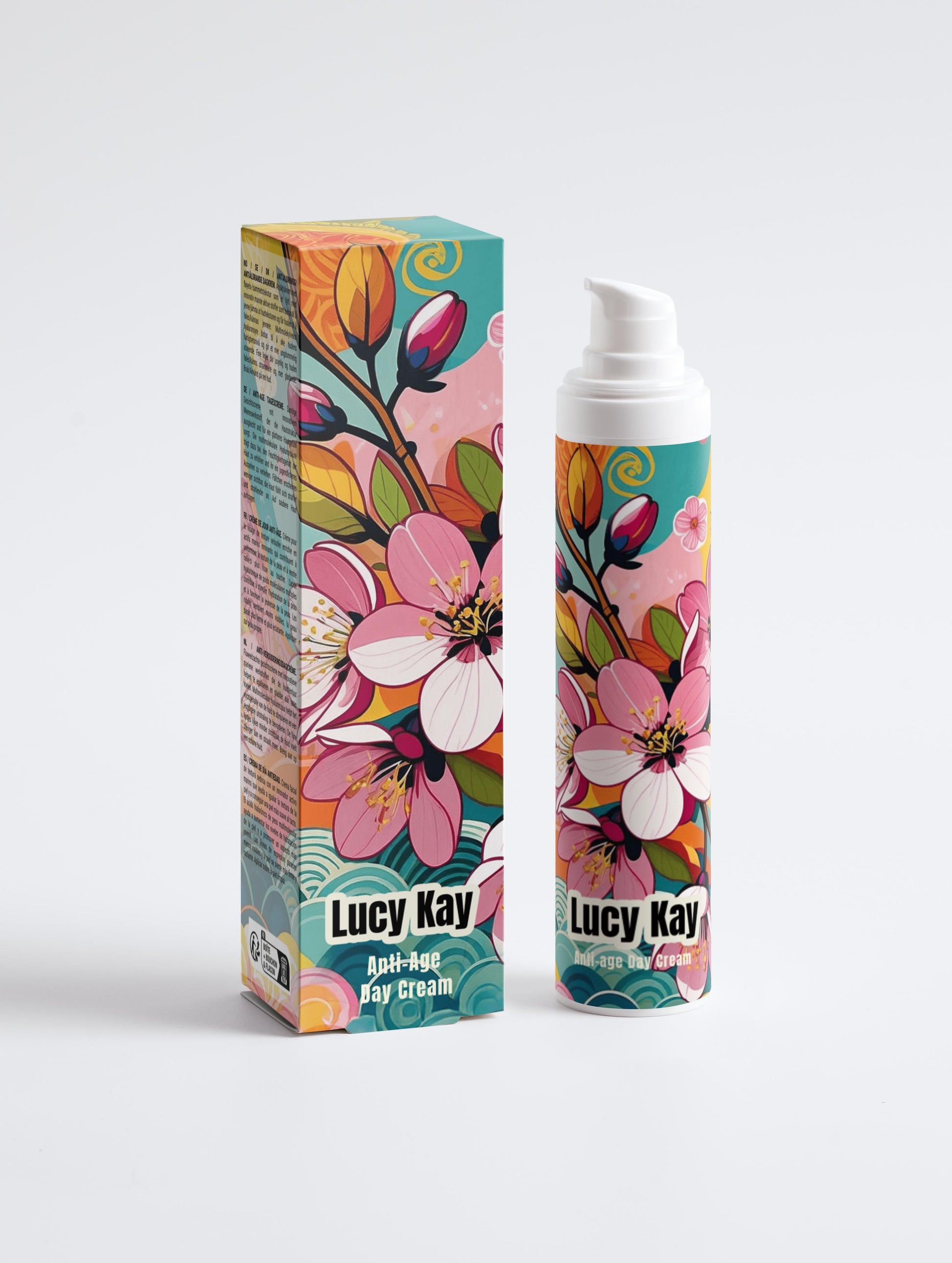 Lucy Kay anti-age day cream with colorful floral design on packaging and tube.
