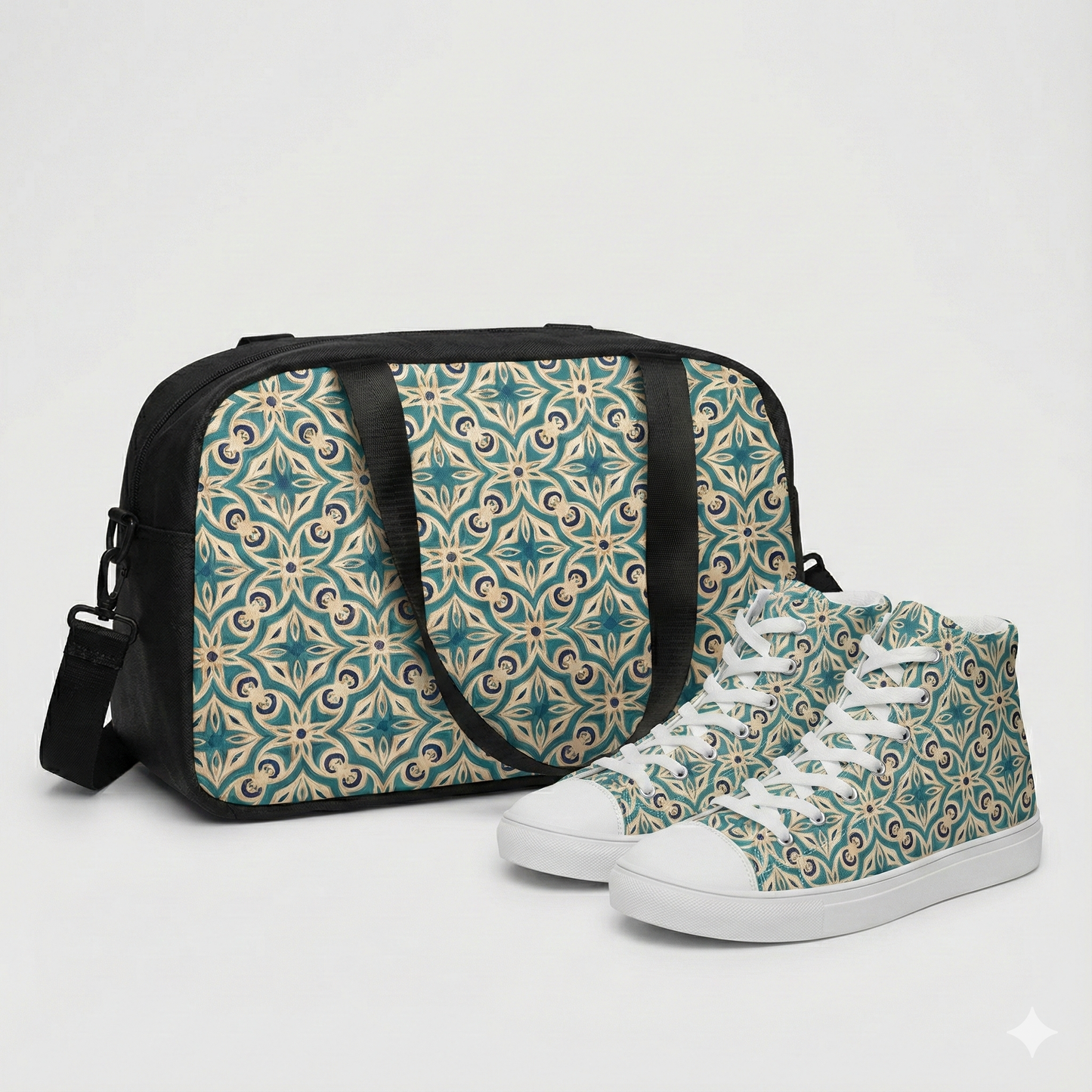 Patterned duffel bag and high-top sneakers on a white background