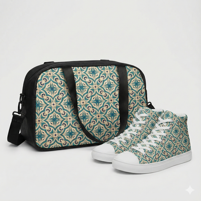 Patterned duffel bag and high-top sneakers on a white background
