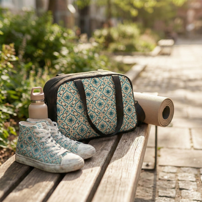 Patterned bag, shoes, and yoga mat on a wooden bench outdoors.