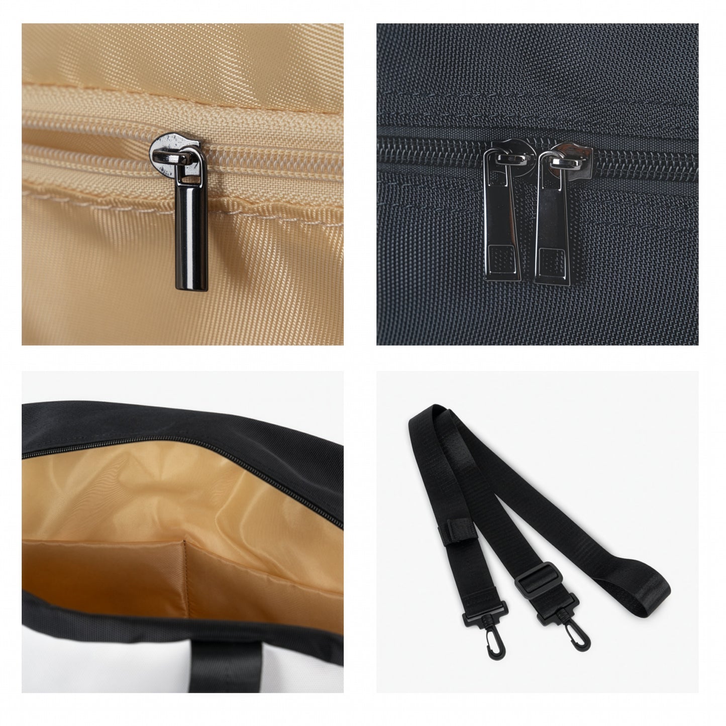 Collage of bag details including zipper, interior view, and straps.