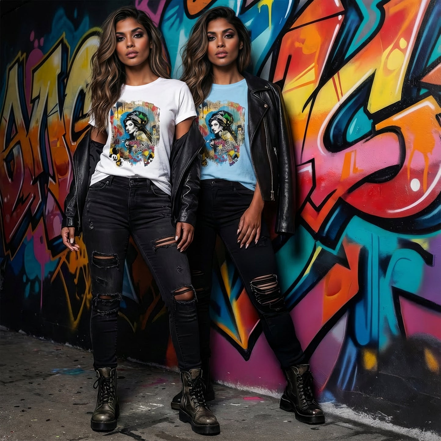 Two women standing in front of a colorful graffiti wall wearing matching graphic t-shirts.