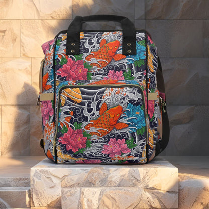 Mochila multifuncional con estampado de peces koi de colores