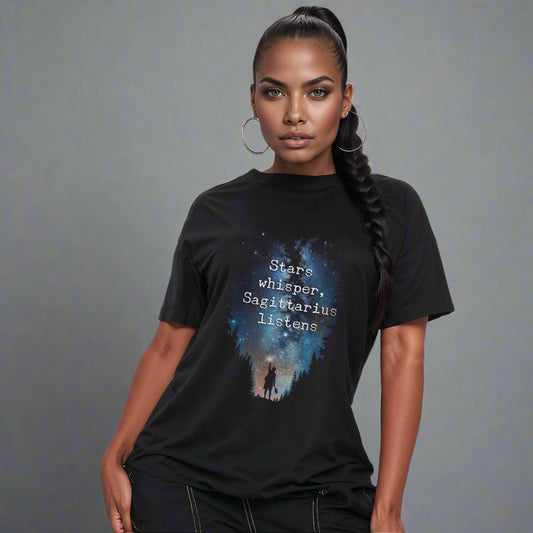 woman in black t-shirt wiht stary design, motivational quote