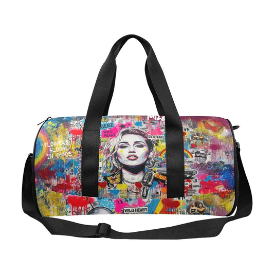 Colorful duffel bag with artistic design on a white background